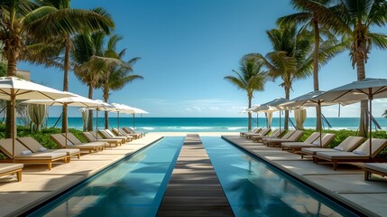 a pool next to lounge chairs and ocean
