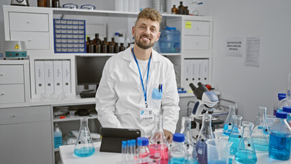 Handsome bearded scientist with blue eyes in lab coat researching in a high-tech laboratory