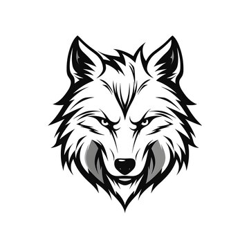 wolf head logo, minimalized, vector, black and white, white background,