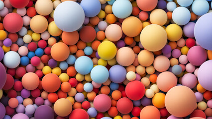 Colorful matte soft balls in bright summer tones and different sizes. Background with many colored big and small random spheres. Flat lay with lots of different colored orbs. Vector background