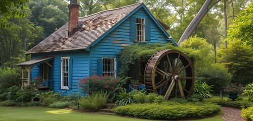 Cerulean craftsman cottage with an ornamental antique water wheel.