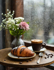 Morning Coffee and chocolate croissant. Delicious breakfast set