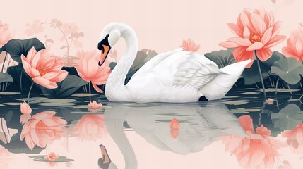 white swan in a pond with flowers wall art home decor print