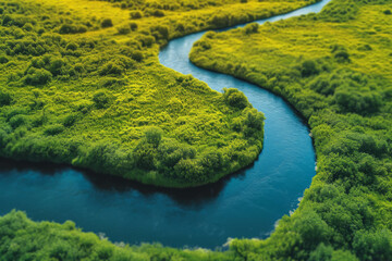 Aerial view of a winding river cutting through a lush green landscape, showcasing nature's meandering artistry. Concept of natural landscapes from above. Generative Ai.