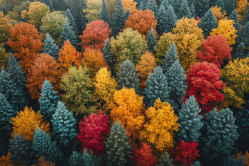Naklejka na ściany i meble Drone photograph of a dense forest in autumn, displaying a spectrum of fall colors. Concept of seasonal changes and nature's palette. Generative Ai.