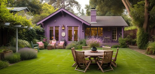 Dusty lavender craftsman cottage, green backyard with a vintage sundial centerpiece.