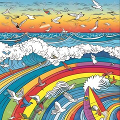 seamless clip art illustration of A beach with a rainbow appearing over the ocean waves, with surfers riding the colorful crests and seagulls calling out in the distance.