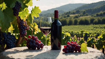 red bottle of wine with wineglass stands on stone table with grapes and vine, vineyard landscape,...