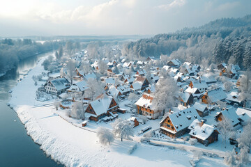 Drone image of a snow-covered village during winter, creating a serene and peaceful landscape. Concept of winter beauty and seasonal perspectives. Generative Ai.
