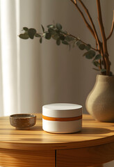 a small container mockup on a table, in the style of light white and light orange