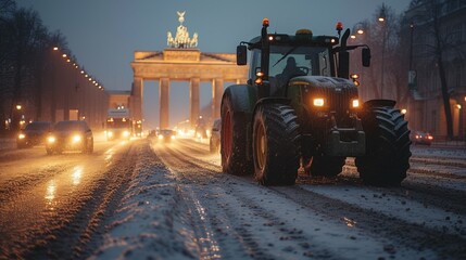 Protesting agricultural workers, farmers Germany and Europe on tractors, blocking roads and streets - obrazy, fototapety, plakaty