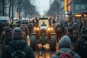 Protest of farmers, farmers on tractors, woman leader of the movement against taxes EU policies - obrazy, fototapety, plakaty