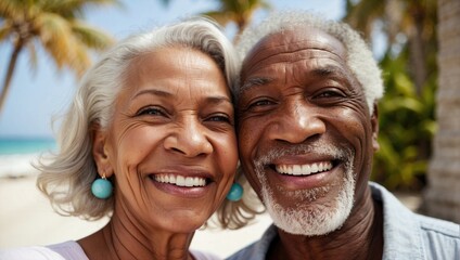 Close-up of a smiling elderly black couple, turquoise earrings, beach background, palm trees, white clothing, sunny day, bright expressions, joy, companionship, sunny.