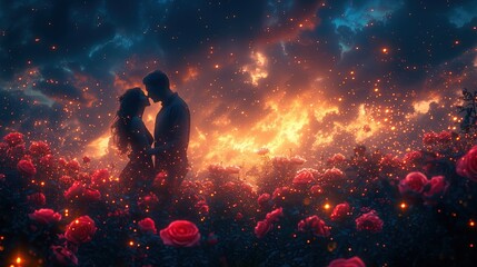 Mężczyzna i kobieta związani w romantyczny gest stoją na polu pełnym romantycznych kwiatów. - obrazy, fototapety, plakaty