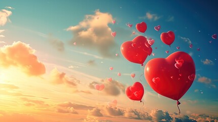 Poczta z czerwonymi balonami unoszącymi się w powietrzu na tle nieba i chmur. - obrazy, fototapety, plakaty