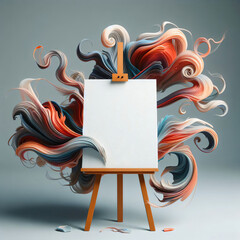 Blank canvas wooden easel swirling satin fabric backdrop color palettes brushes below.