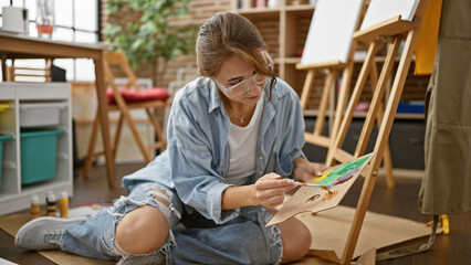 Young woman artist sitting on floor drawing at art studio