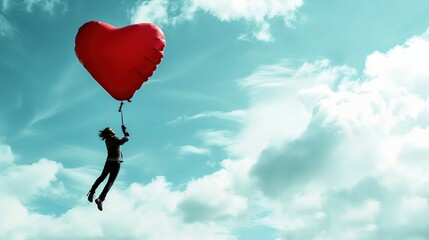 Osoba trzyma balon w kształcie serca podczas lotu po niebie w chmurach  - obrazy, fototapety, plakaty