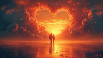 Dwóch ludzi stoi w płykiej wodzie przed chmurą w kształcie serca podczas wschodu słońca - obrazy, fototapety, plakaty