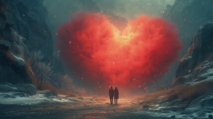 Na zdjęciu przedstawione są dwie osoby stojące przed czerwonym sercem stworzonym z korony czerwonych drzew - obrazy, fototapety, plakaty