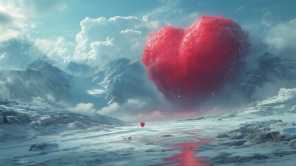 W mroźnych górach znajduje się czerwone serce z chmur.