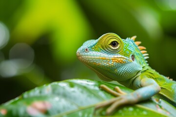 Fototapeta premium green iguana on a leaf