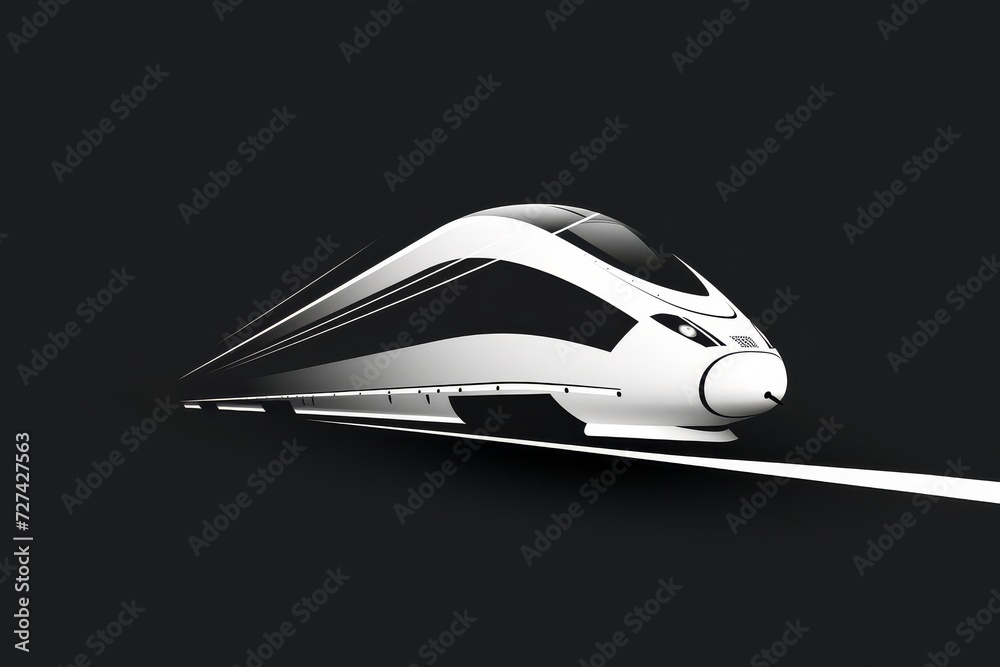 Poster a striking contrast between light and dark, a sleek white train glides across a bold black backdrop,