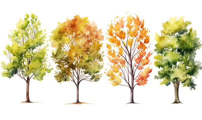 Tree set in autumn colors isolated on white, tree collection, watercolor illustration generative ai