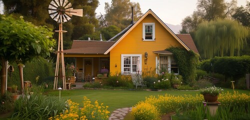 Honey-yellow twilight craftsman cottage with a charming wooden windmill in the backyard.
