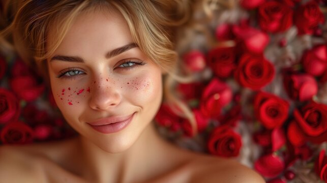 Kobieta leżąca wśr&oacute;d walentynkowych r&oacute;ż, symbolizującą tematykę walentynkową, kochania oraz romansu.