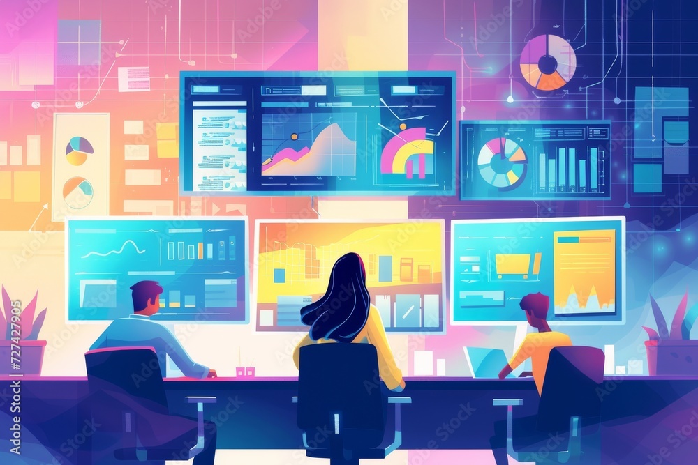 Poster A diverse team collaborates at a desk, intently studying the computer screen displaying a multimedia presentation while a man types text, surrounded by indoor elements of clothing and technology