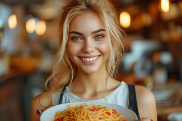 Radiant Woman with Spaghetti Bliss