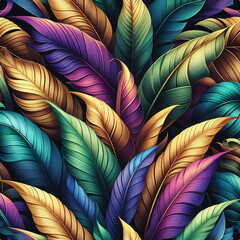 feathers form intricate pattern. Detail and closeup reveal abstract beauty. Decoration exudes natural elegance. Multicolored gradient creates backdrop. Digital art