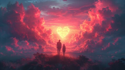 Dwie osoby stojące przed sercem na niebie w trakcie obchodów Walentynek. - obrazy, fototapety, plakaty