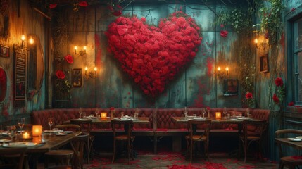 Na zdjęciu widać restaurację z dużym sercem na ścianie, idealne miejsce na romantyczną kolację. - obrazy, fototapety, plakaty
