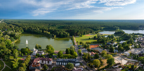 Aerial panoramic view of Lithuanian resort Druskininkai. Druskininkai in autumn colours, drone...