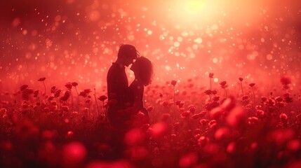 Para całuje się na tle pola pełnego kwiatów, wyrażając miłość i romantyzm.