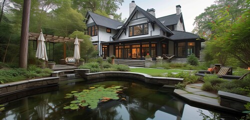 Ivory craftsman cottage with a stone-lined fish pond in the backyard.