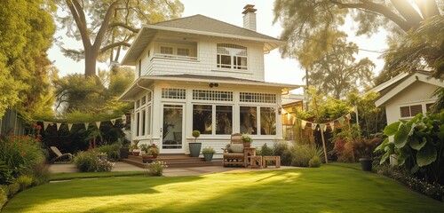 Ivory white craftsman double-story building with decorative garden flags in the backyard.