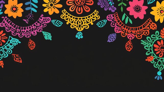 Hispanic heritage month background. Vector banner, poster for social media, networks. Greeting card with copy space. National Hispanic heritage month text, Papel Picado pattern on black background
