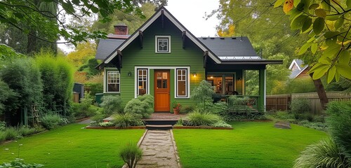 Kelly green craftsman cottage with a quaint cobblestone walkway in the backyard.