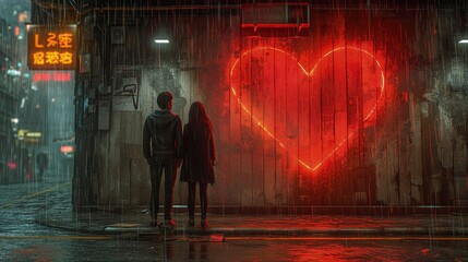 Mężczyzna i kobieta stoją przed neonowym sercem, w temacie walentynkowym, kochania oraz romansu. - obrazy, fototapety, plakaty