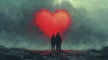 Dwie osoby stojące przed czerwonym sercem, obrazujące temat walentynkowy, kochanie oraz romans.