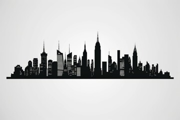 Fototapeta premium A dark, monochromatic cityscape looms against the sky, with towering skyscrapers and buildings casting a striking silhouette that evokes a sense of urban grandeur and mystery