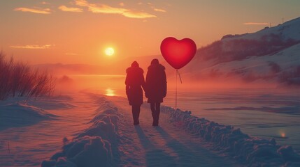 Dwie osoby spacerujące po śniegu mijając balon w kształcie serca podczas zachodu śłońca