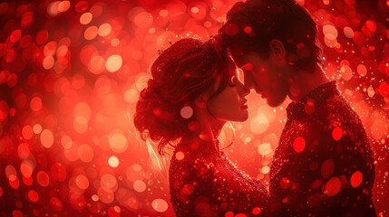 Para całuje się przed czerwonym tłem w stylu bokeh, wyrażając miłość i romantyzm w dniu Walentynek. - obrazy, fototapety, plakaty