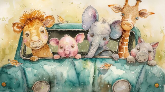 Safari animals funny Jungle cartoon riding a car in cartoon watercolor style. Generated AI image