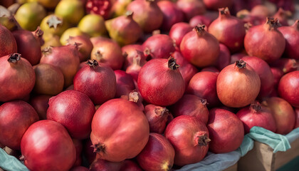 Pomegranate. Ripe pomegranate. A pile of fruits in a street stall. Selective focus. AI generated