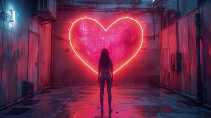 Kobieta stoi przed neonowym znakiem w kształcie serca. - obrazy, fototapety, plakaty