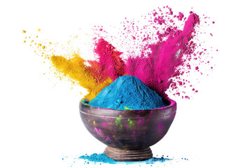 Close-up of bowl with bright colorful powder. Colorful holi powder in a bowl, cut out - stock png.